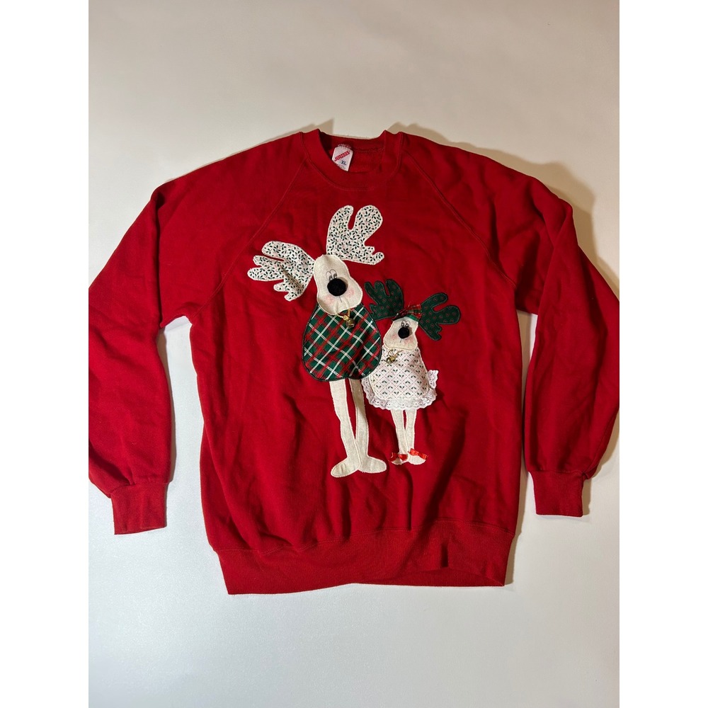 Jerzees Sweatshirt Unisex XL Red Excellent Vintage Reindeer Christmas Applique
